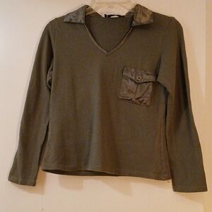 Ninety,  Dark Sage Long Sleeve  Tee, SM COTTON AND SATIN.